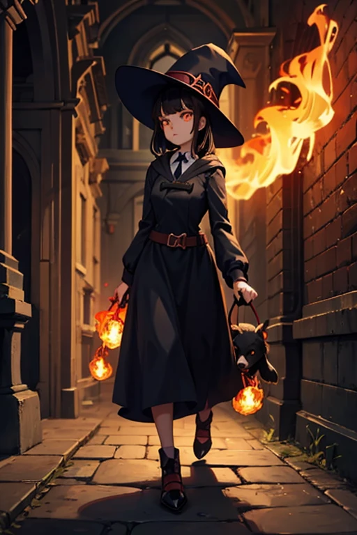 A black haired female witch with orange eyes in a conservative Victorian dress is walking with a dog made of fire