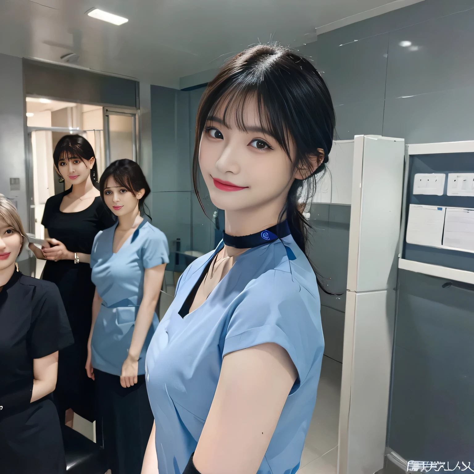 ((highest quality, 8K, Representative works in detail, ultra high resolution)), (middle shot:), Five attractive business women, 5 people, big breasts, smile, ((black choker)), slim body shape, big breasts, blue color contacts, long eyelashes, bangs, Physical examination, health check, Examination room, hospital, nurse