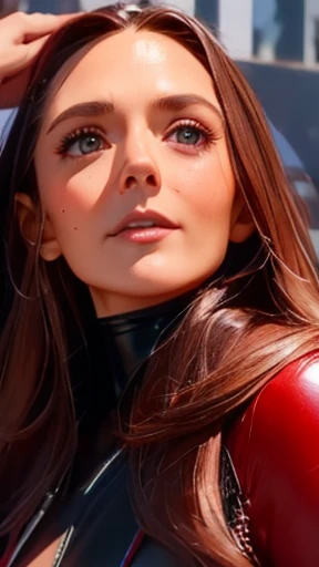 highest quality、realistic、Japanese、girl、zoom、look up、cute、gray eyes、long hair、brown hair、all back、Forehead is coming out、Shiny red leather long coat、Red leather bustier、black leather pants、face close up