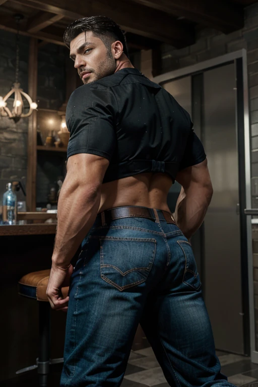An illustration of Batman, a Greek god with a muscular build, cabello corto y barba pulcra............., nalgon, designed in modern western attire............. El escenario es una ciudad cosmopolita............, evoking a classic cold atmosphere, sin dejar de mantener el aura poderosa y regia del dios. jeans bent over backside