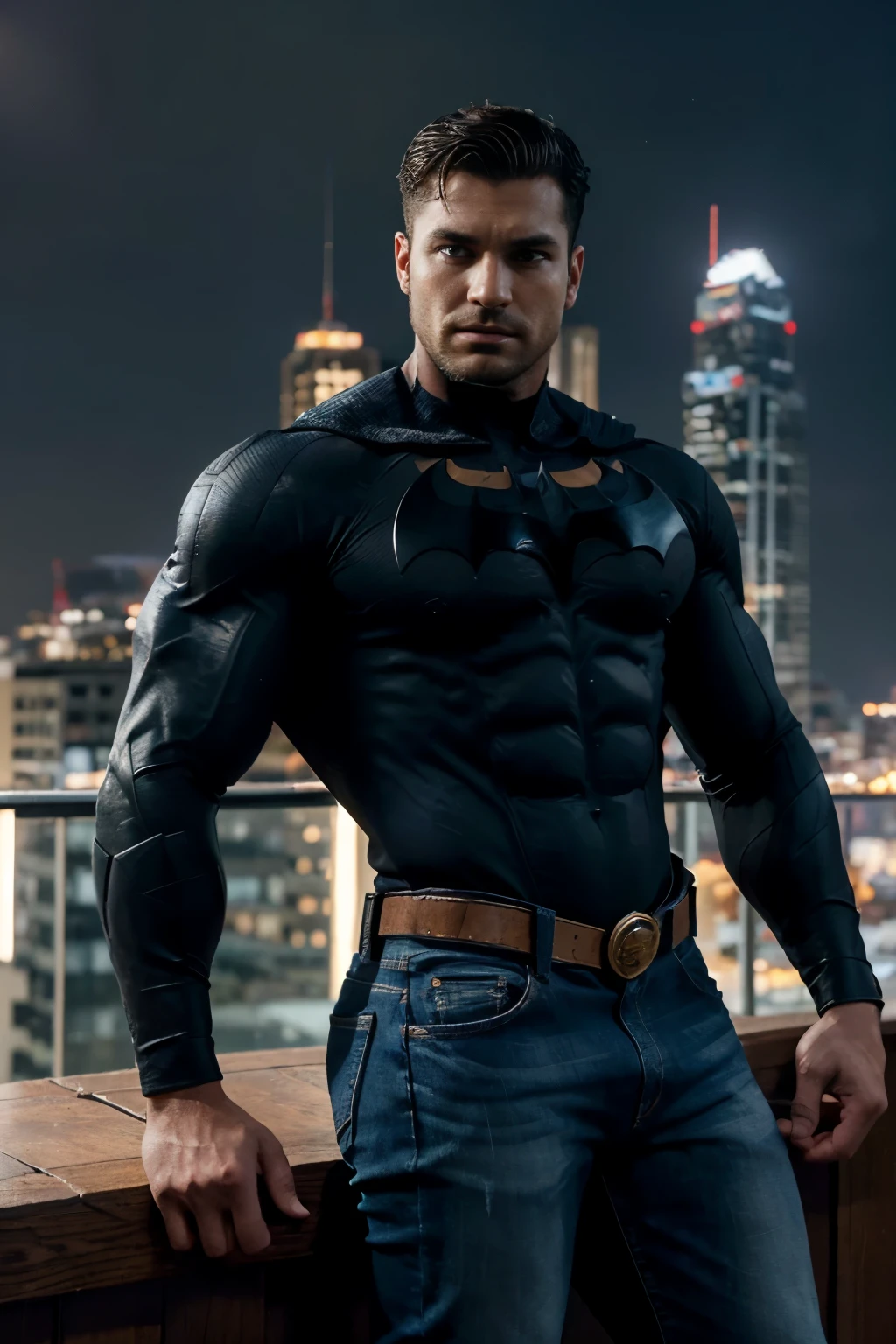 An illustration of Batman, a Greek god with a muscular build, cabello corto y barba pulcra............., nalgon, designed in modern western attire.............  El escenario es una ciudad cosmopolita............, evoking a classic cold atmosphere, sin dejar de mantener el aura poderosa y regia del dios.   jeans