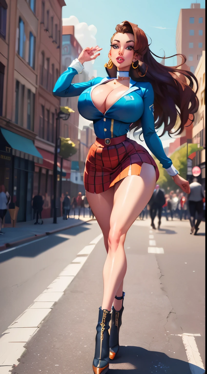 Realistic and detailed digital illustration, capturing Bill Wilder's 1950s comic style. | A stunning woman, with a striking bust, perfect face and super-thin waist, displays long legs and hourglass body, wearing a tight and colorful skirt, with long hair flowing as she walks through the city of the 50s. | The composition emphasizes the uniqueness of the protagonist in the midst of the vintage atmosphere, using the 3D perspective to add depth and lighting that highlights realistic details. | An incredibly elegant woman, exploring the urban landscape of the 50s with grace and style. | {The camera is positioned very close to her, revealing her entire body as she adopts a dynamic_pose, confidently striding through the city with an exaggerated hourglass figure} | ((perfect_pose)), She is adopting a ((dynamic_pose as interacts, confidently striding through the city, turning heads):1.3), ((full body)), (perfect_fingers:1.0), (perfect_legs:1.0), better_hands, More_Detail.