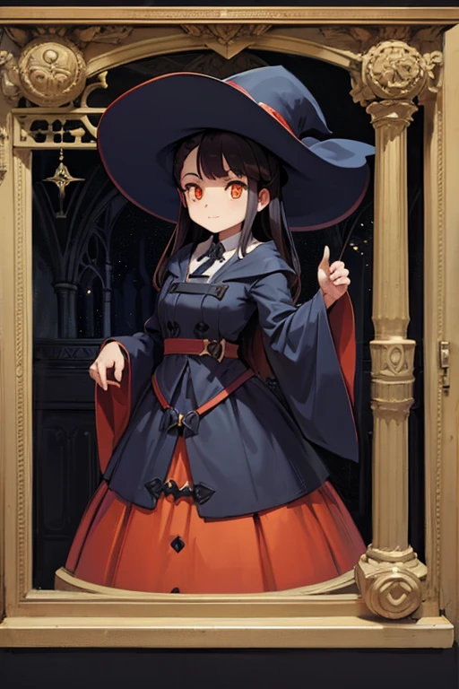 A black haired female witch with orange eyes in a conservative Victorian dress is looking over blueprints