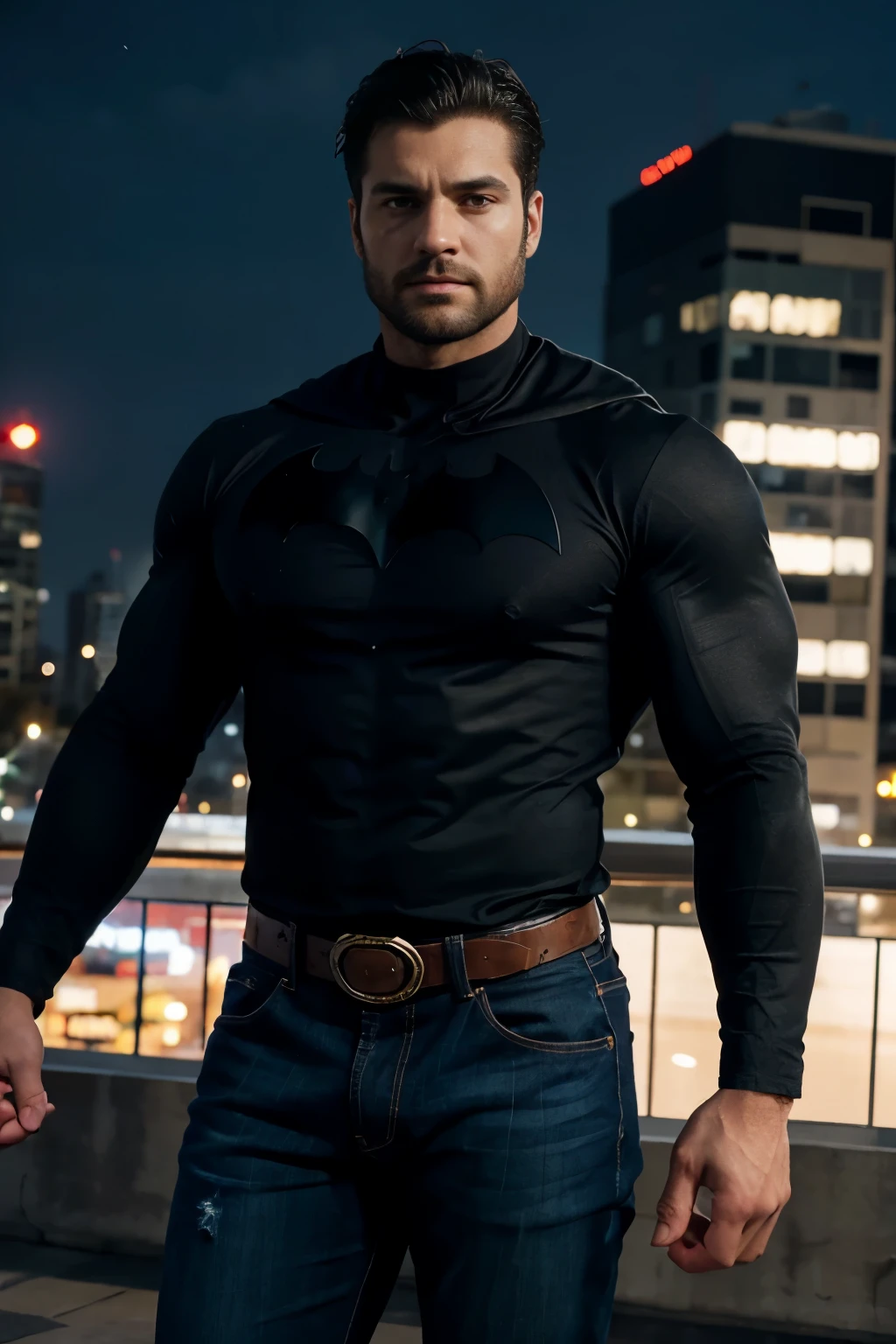 An illustration of Batman, a Greek god with a muscular build, cabello corto y barba pulcra............., nalgon, designed in modern western attire.............  El escenario es una ciudad cosmopolita............, evoking a classic cold atmosphere, sin dejar de mantener el aura poderosa y regia del dios.   jeans