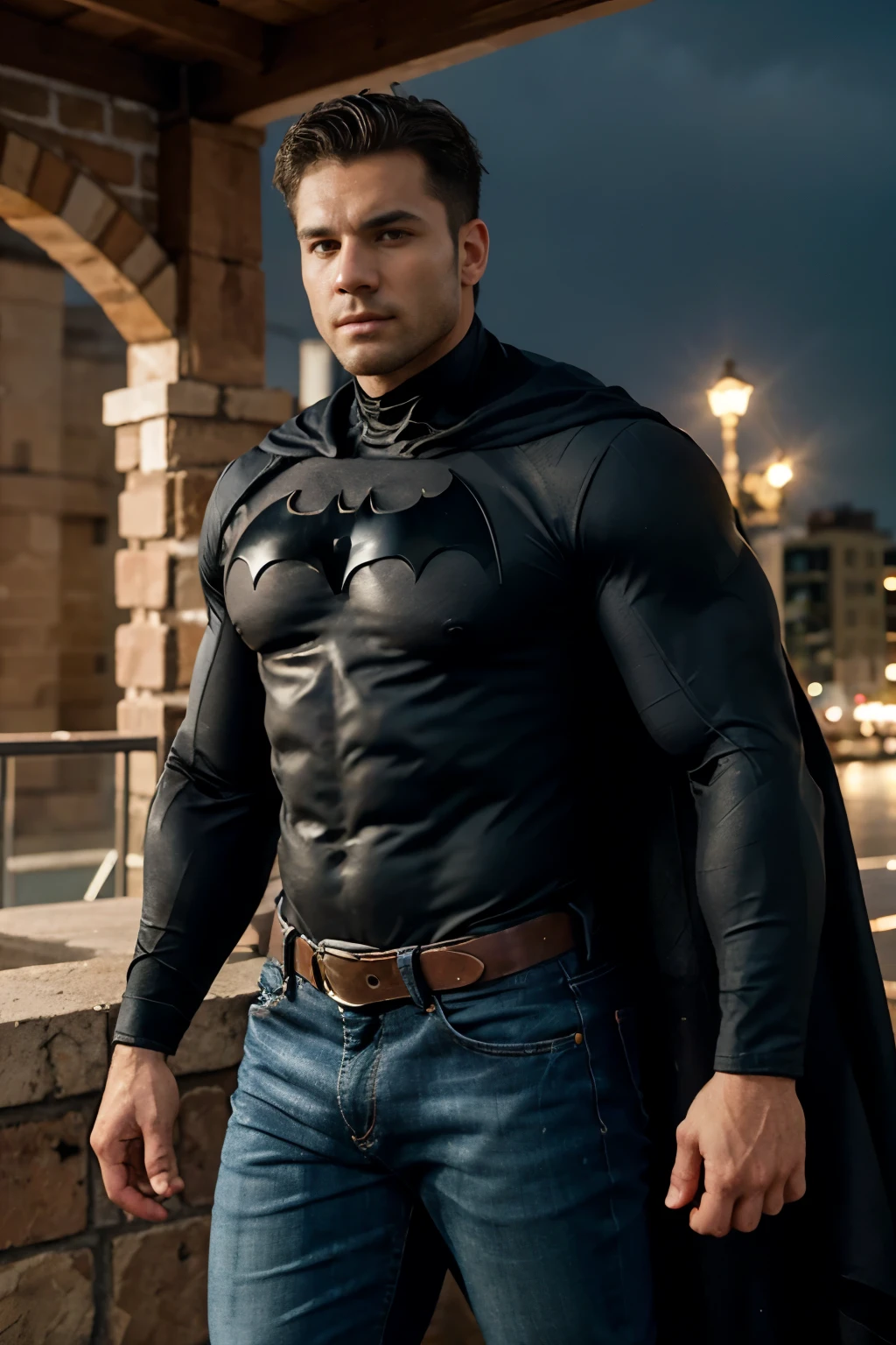 An illustration of Batman, a Greek god with a muscular build, cabello corto y barba pulcra............., nalgon, designed in modern western attire............. El escenario es una ciudad cosmopolita............, evoking a classic cold atmosphere, sin dejar de mantener el aura poderosa y regia del dios. jeans