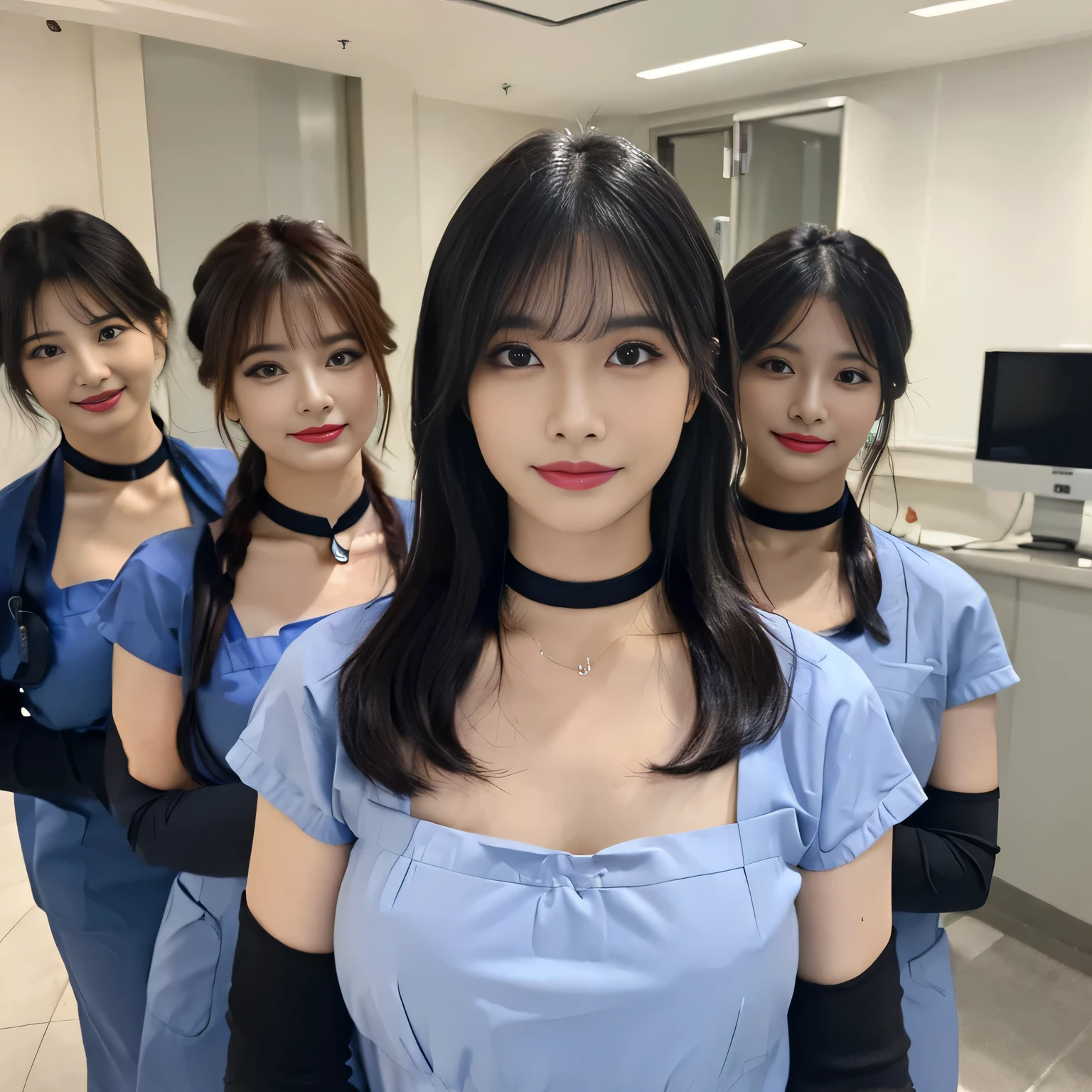 ((highest quality, 8K, Representative works in detail, ultra high resolution)), (middle shot:), Five attractive business women, 5 people, big breasts, smile, ((black choker)), slim body shape, big breasts, blue color contacts, long eyelashes, bangs, Physical examination, health check, Examination room, hospital, nurse, bed