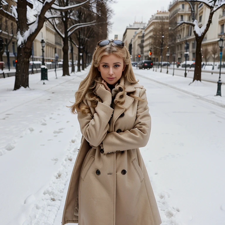 Paris Hilton in the snow wearing a beige coat