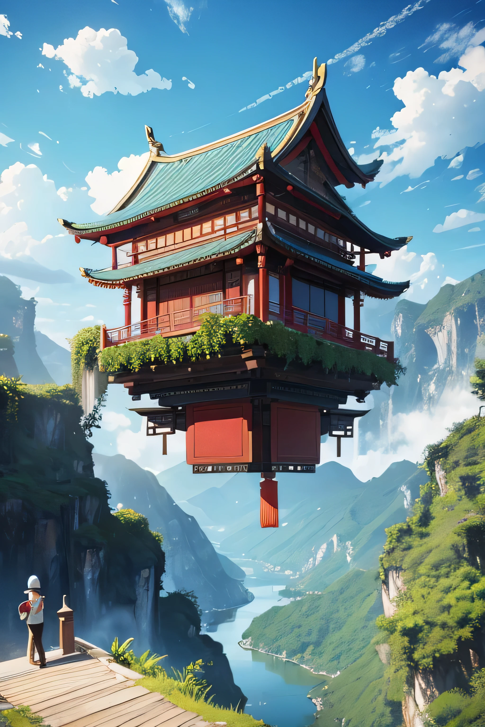 A Chinese floating in a sky village in a mountain,with blue sky clouds