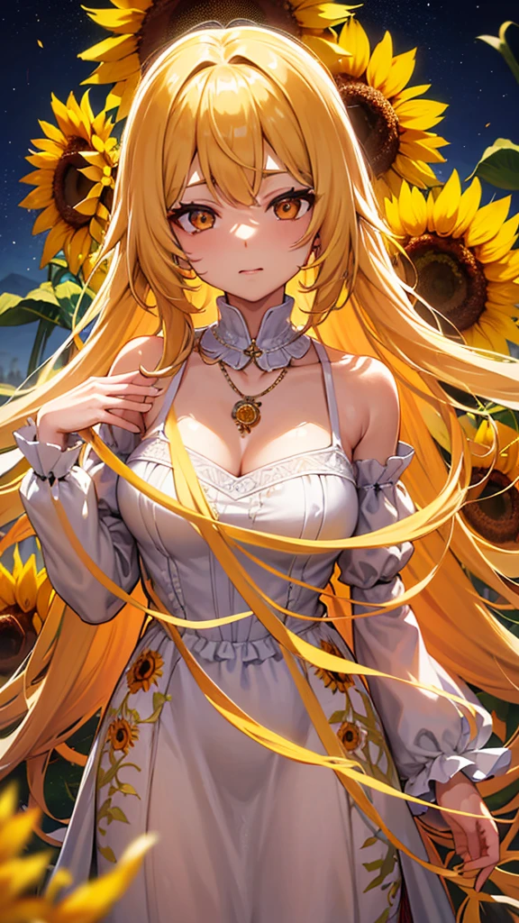 ( ridiculous , high quality , super detailed ) ,( hand detailed ) , 1 girl, alone, mature, very long hair, sunflower hair , 美しいクリスタルのeye ( eye ) baroque, necklace, long dress, long sleeve, elegant, colorful, most detailed, Upper body , With the river and sunflowers