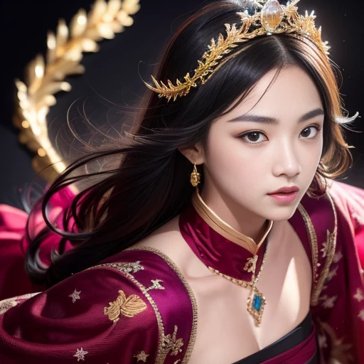 32k(masterpiece,HD,Ultra HD,16K)short black hair,vintage train in back room,Girl with black wine red hair ,golden dragon (realistically:1.4),Python Robe,Purple pink tiara,snowflakes dancing,The background is very pure, high resolution, detail, RAW photos, Sharp Re, Nikon D850 film photo by Jefferies Lee 4 Kodak Portra 400 camera F1.6 guns, colorful, Ultra-realistic and vivid textures, dramatic lighting, Unreal Engine Art Station Trend, Sinest 800,Half side close-up