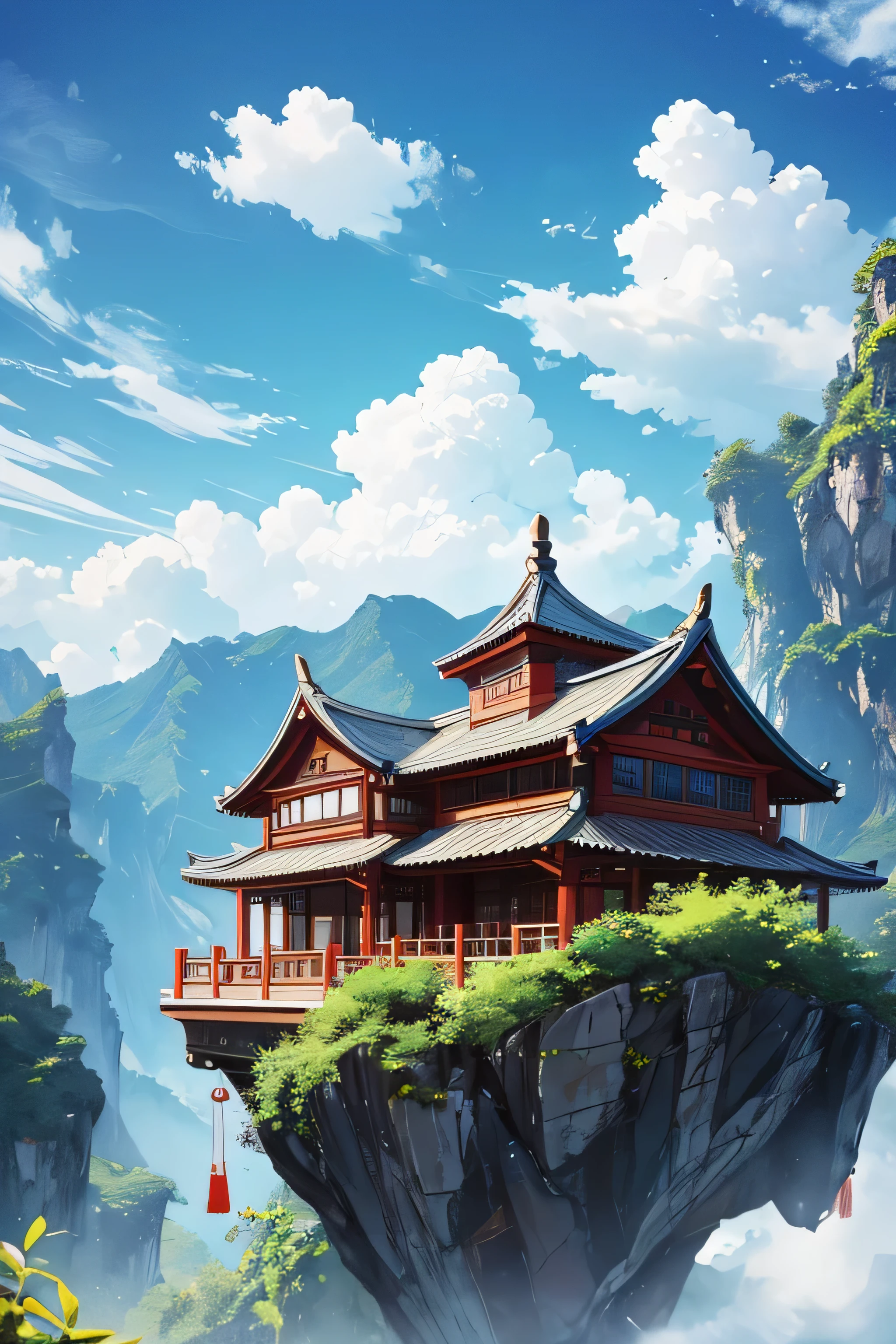 A Chinese floating in a sky village in a mountain,with blue sky clouds