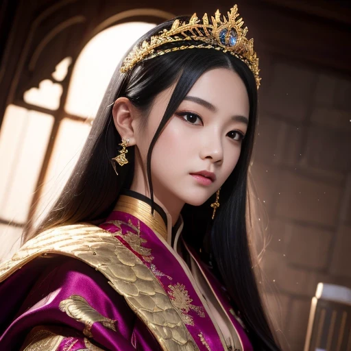 32k（masterpiece，HD，Ultra HD，16K）short black hair，vintage train in back room，Girl with black wine red hair ，golden dragon （realistically：1.4），Python Robe，Purple pink tiara，snowflakes dancing，The background is very pure， high resolution， detail， RAW photos， Sharp Re， Nikon D850 film photo by Jefferies Lee 4 Kodak Portra 400 camera F1.6 guns, colorful, Ultra-realistic and vivid textures, dramatic lighting, Unreal Engine Art Station Trend, Sinest 800，Half side close-up