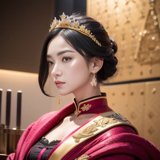 32k(masterpiece,HD,Ultra HD,16K)short black hair,vintage train in back room,Girl with black wine red hair ,golden dragon (realistically:1.4),Python Robe,Purple pink tiara,snowflakes dancing,The background is very pure, high resolution, detail, RAW photos, Sharp Re, Nikon D850 film photo by Jefferies Lee 4 Kodak Portra 400 camera F1.6 guns, colorful, Ultra-realistic and vivid textures, dramatic lighting, Unreal Engine Art Station Trend, Sinest 800,Half side close-up