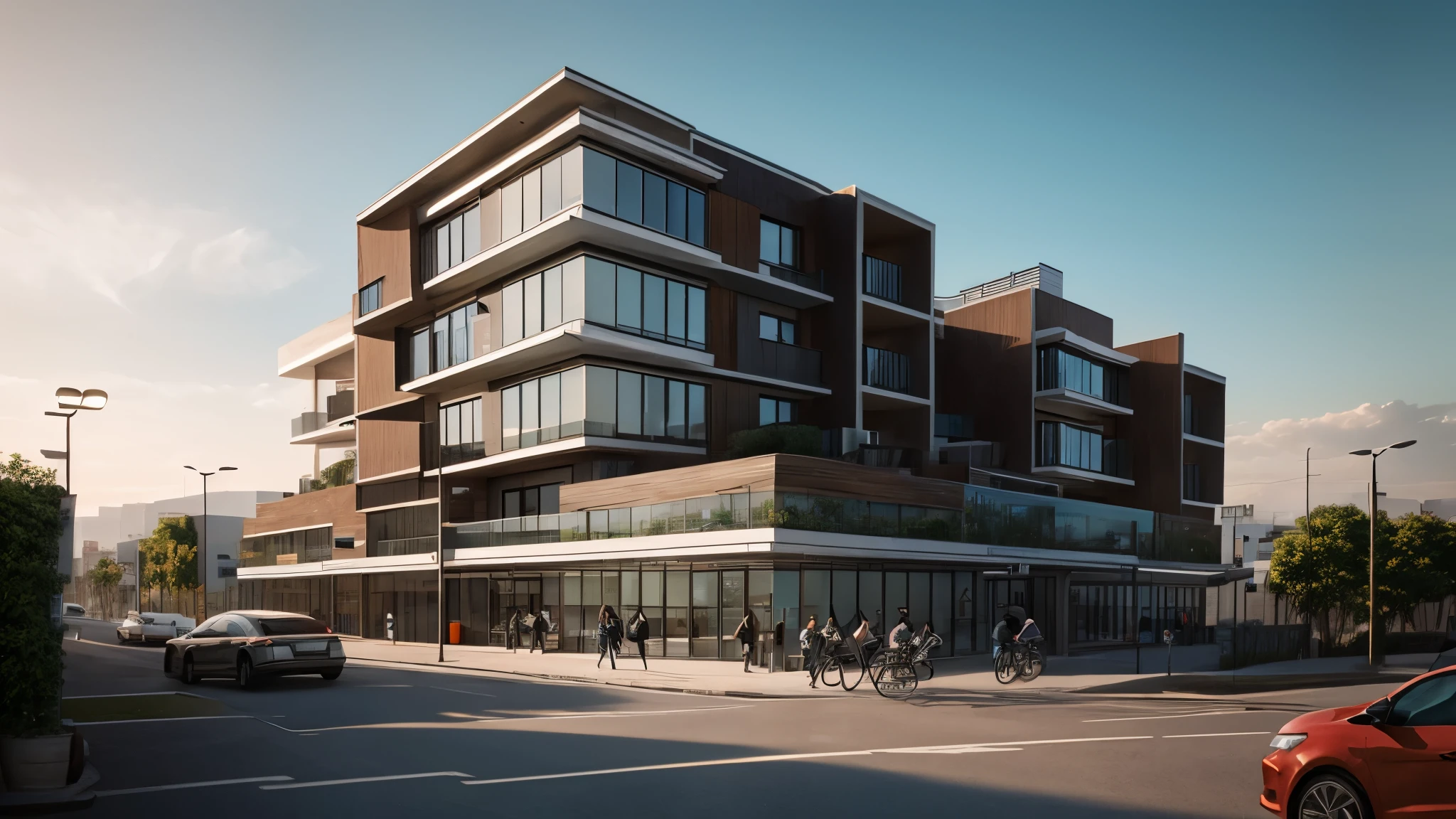 rendering of a modern office building with a staircase going up to the top floor, mid-view, rendering of checkmate, building facing, conceptual rendering, elevation view, architectural rendering, architectural render, rendered, architecture render, mantra rendering, detailed rendering, pre-rendered, digital rendering, low angle dimetric rendering
