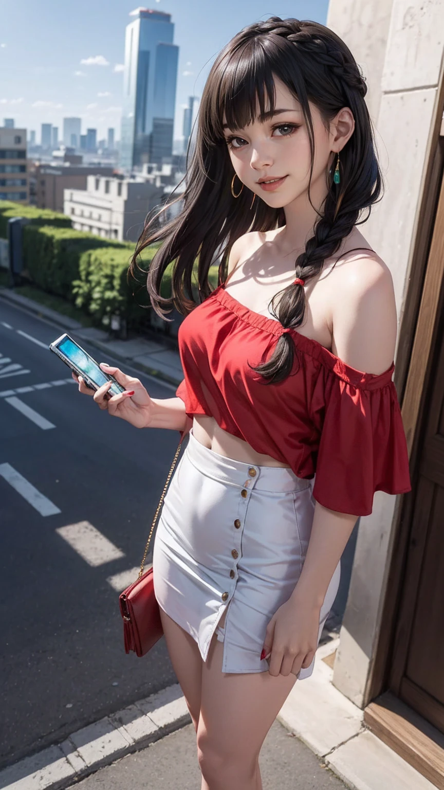 最high quality, 8K, masterpiece: 1.3, Ultra HD, high quality, 最high quality, High resolution, realism)) 、25 year old white woman、brunette、blue eyes、long hair、smile、slender、slenderだがアスリートのような細マッチョ、I don&#39;t want my head to disappear from the screen.、Wear accessories on your wrist、Wearing red nail polish、I have a peticure、aerial perspective((atmospheric perspective))、smile((smiley))、background blur((depth of field)、Wear a sheer, off-the-shoulder bodycon top、wear sandals、have a clutch bag、Skyscraper background、Waiting for a traffic light at an intersection、crystal earrings((crystal earrings))、inner color((colored inner hair))、dark blonde、Bangs at the parting((parted bangs))、French style braid((french braid))