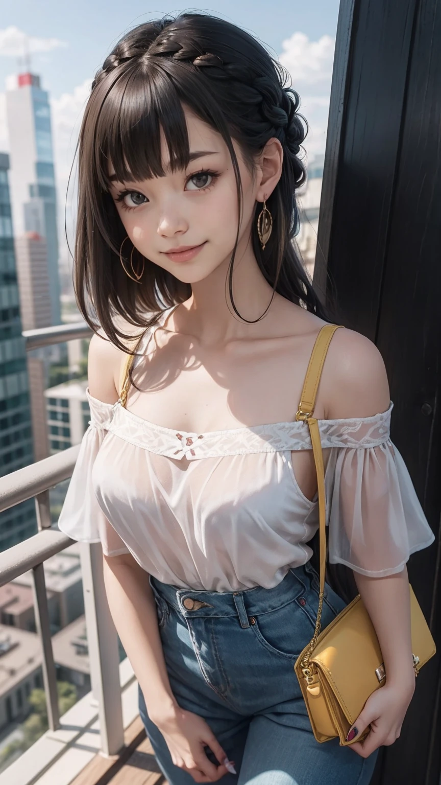 最high quality, 8K, masterpiece: 1.3, Ultra HD, high quality, 最high quality, High resolution, realism)) 、25 year old white woman、brunette、blue eyes、long hair、smile、slender、slenderだがアスリートのような細マッチョ、I don't want my head to disappear from the screen.、Wear accessories on your wrist、Wearing red nail polish、I have a peticure、aerial perspective((atmospheric perspective))、smile((smiley))、background blur((depth of field)、Wear a sheer, off-the-shoulder bodycon top、wear sandals、have a clutch bag、Skyscraper background、Waiting for a traffic light at an intersection、crystal earrings((crystal earrings))、inner color((colored inner hair))、dark blonde、Bangs at the parting((parted bangs))、French style braid((french braid))