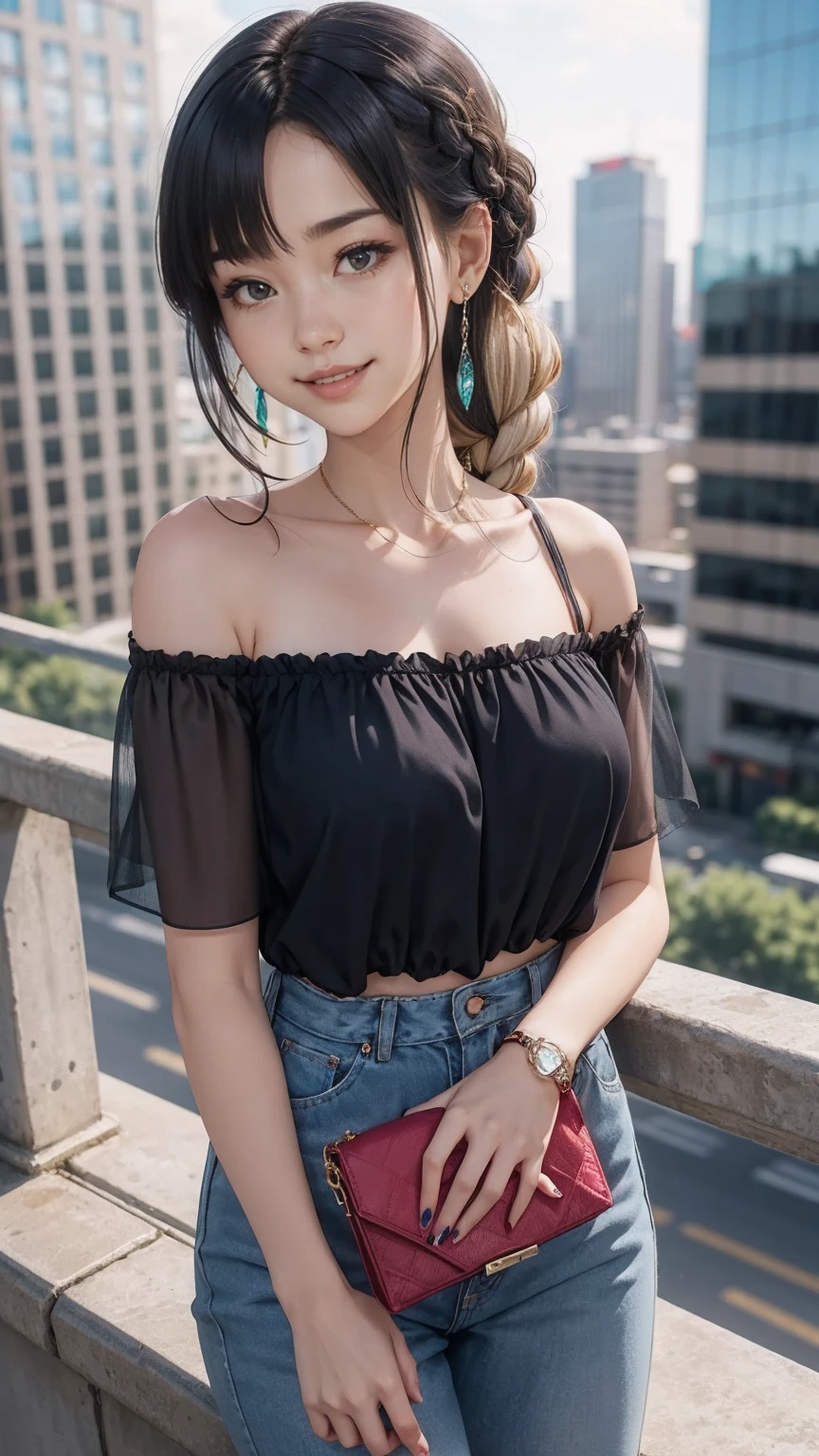 最high quality, 8K, masterpiece: 1.3, Ultra HD, high quality, 最high quality, High resolution, realism)) 、25 year old white woman、brunette、blue eyes、long hair、smile、slender、slenderだがアスリートのような細マッチョ、I don&#39;t want my head to disappear from the screen.、Wear accessories on your wrist、Wearing red nail polish、I have a peticure、aerial perspective((atmospheric perspective))、smile((smiley))、background blur((depth of field)、Wear a sheer, off-the-shoulder bodycon top、wear sandals、have a clutch bag、Skyscraper background、Waiting for a traffic light at an intersection、crystal earrings((crystal earrings))、inner color((colored inner hair))、dark blonde、Bangs at the parting((parted bangs))、French style braid((french braid))