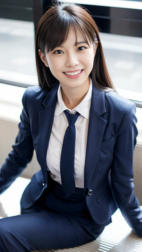 Japanese beauty、Business service,  business clothes,  Work clothes, Work clothes, catalog photo, from me, Detailed image, business clothes装, Portrait Center, grey, white shirt, wearing a business casual dress、white panties are visible、laughing、sitting、slim japanese woman、こちら向きにsitting
