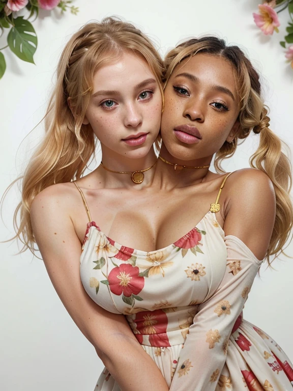 30-year-old dark skinned Nigerian woman named Biena and, her pale white Korean lover with blonde hair named Estella, (hugging each other tight, squishing their bodies together, slow dancing, hanging in her arms, flowing together), gazing at each other, eyes averted, in love, lusting after each other, they had sex together, (detailed exterior background) (( Estella is a pale white Korean woman, blonde hair, messy bun, bangs over forehead, lots of freckles all over her body)), ((Biena is 30-year-old, sexy, black short and straight hair, bangs, long ponytail, dark black African skin, tattoos on half of her body, no tattoos on the other half)), ultra-realistic photo, feminine features, ((both have very different facial features, ethnicities, and skin colors)), ((wearing red and gold floral sundress, jewelry)), conjoined, 2 heads, different heads, different skin colors, no mixing, clear boundary where skin color changes, smooth transition, contrasting skin colors
