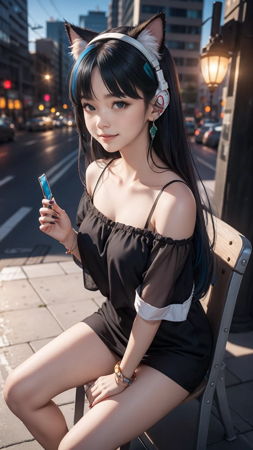 最high quality, 8K, masterpiece: 1.3, Ultra HD, high quality, 最high quality, High resolution, realism)) 、25 year old white woman、brunette、blue eyes、long hair、smile、slender、slenderだがアスリートのような細マッチョ、I don&#39;t want my head to disappear from the screen.、Wear accessories on your wrist、Wearing red nail polish、I have a peticure、aerial perspective((atmospheric perspective))、smile((smiley))、background blur((depth of field)、Wear a sheer, off-the-shoulder bodycon top、wear sandals、have a clutch bag、Skyscraper background、Waiting for a traffic light at an intersection、crystal earrings((crystal earrings))、inner color((colored inner hair))、long hair ((long hair))、dark blonde、Bangs at the parting((parted bangs))、Cat ear headphones((cat ear headphones))