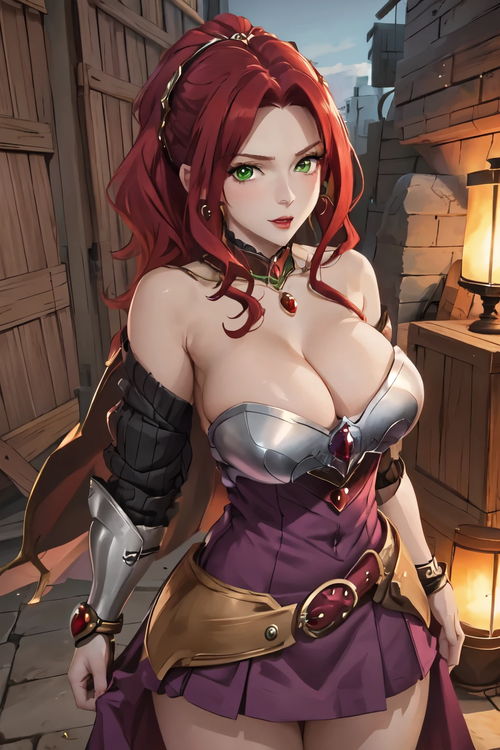 malty melromarc, upper body, 1girl, red jewelry, green eyes, red hair, steel armor, belt, cleavage, bare shoulders, purple skirt, looking at viewer, big breasts, huge breasts, masiv breasts