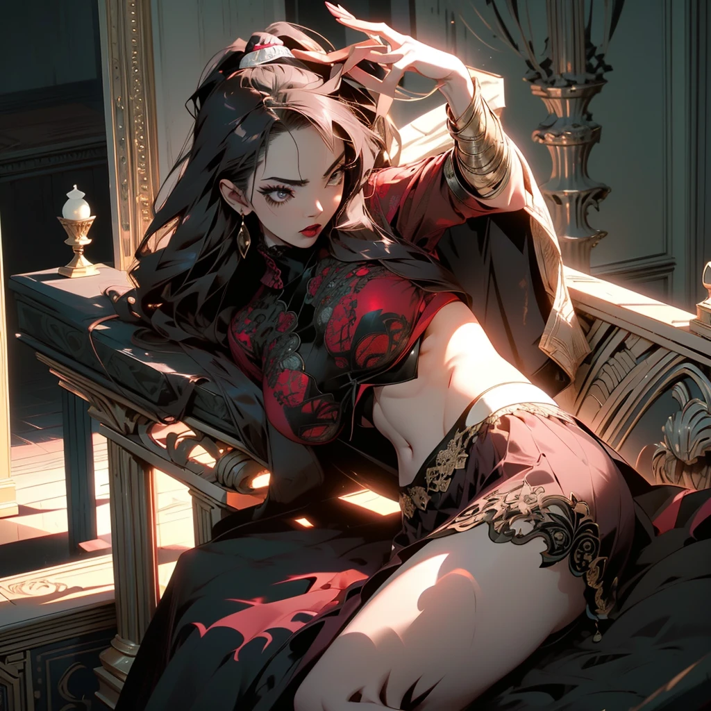 masutepiece, of the highest quality, High quality, Highly detailed CG Unity 8k wallpaper, Art Station, Digital Illustration, with an intricate, 動向, awardwinning photo, depth of fields, nffsw, chromatic abberation, Realism, Highly detailed, Art Station Trends, CGsociety Trends, with an intricate, high detailing, Dramatic, 8K, 16 K, of the highest quality, Photon mapping, Radio City, Photorealistic, Elaborate CG, physically-based renderingt, ultra realistic realistic textures, unreal enginee 5, motion angles, Cinematic lighting, Dramatic Lighting, Professional Lighting, Slender face Very detailed and expressive eyes, Shiny hair, High Texture、Detailed face and skin, highly detailed skin with pores, Perfect body line, Perfect bust line, exquisite collar bone, Perfect clavicle,
No clothes, Perfect nudity, Legs spread, SEX, random provocative poses, beastly pose,
Bewitching and mysterious oriental adult woman, Vampire, Red Lipstick, Red Eyes, Red Eye Shadow, Long gray hair with a glossy waist, sadistic smile,
extreme light and shadows, Dim lighting,
