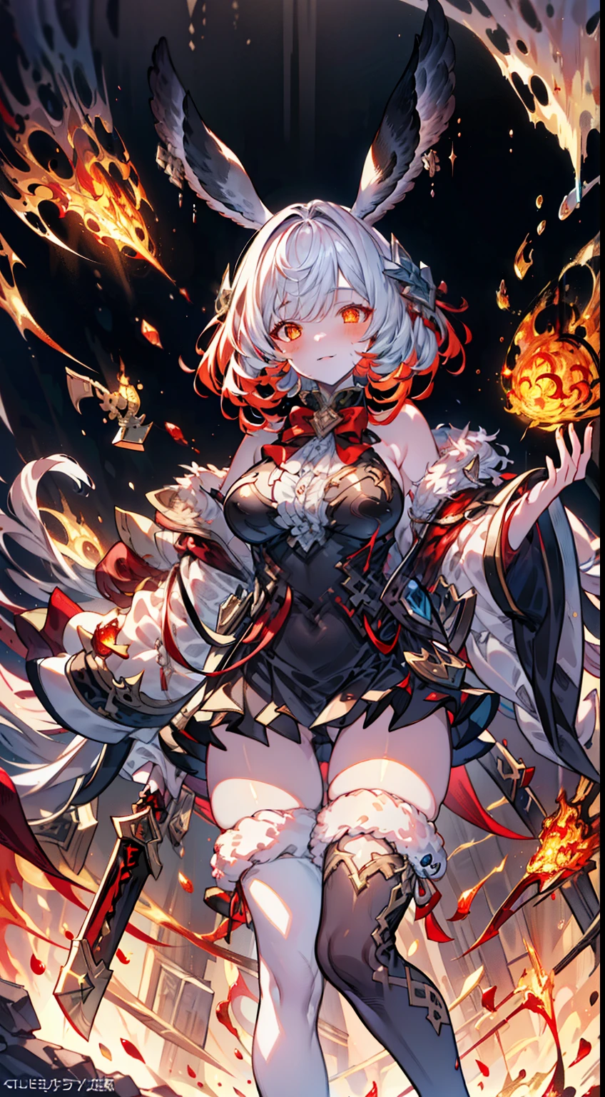 Fullbody foot, feet, silver goddess in flame-red pleated skinny cloth with golden lines accents, long sleeves, fireball, satin, fur, bunny hears (stockings), decollete, natural breasts, slim body, ((rune lines on skin)), zettai ryouiki, medium length hair with golden red strands, beautiful detailed bright fire eyes, portrait, most realistic, highest quality, best quality, Detailed,Realistic, 4k highly detailed digital art, octane render, bioluminescent, (cool_color), best pixels, 8k ultra
