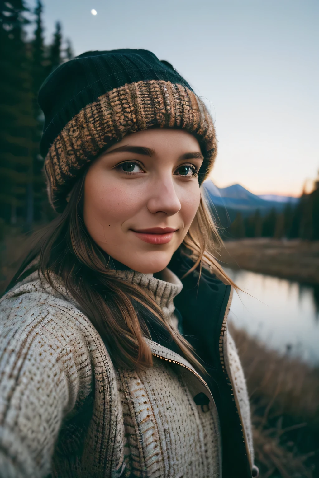 1 woman((upper body selfie, happy)), masterpiece, best quality, ultra-detailed, solo, outdoors, (night), mountains, nature, (stars, moon) cheerful, happy, backpack, sleeping bag, camping stove, water bottle, mountain boots, gloves, sweater, hat, flashlight, forest, rocks, river, wood, smoke, shadows, contrast, clear sky,
analog style (look at viewer:1.2) (skin texture)
(film grain:1.3), (warm hue, warm tone)