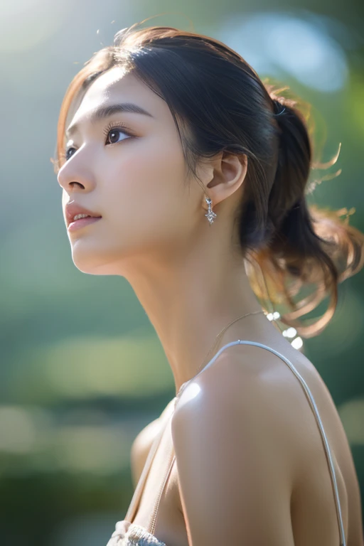 (Professional 3D rendering:1.3) of (realistic:1.3) 世界で最もbeautiful芸術, Great place.,)), Full body 8k unity display, detailed face, (活気ofある, realistic, realistic, breathtaking, sharp focus), digital painting, art station, concept art, , sharp focus, figure, Nose, 女of子, transparent , high detail, twisted ponytail,attractive, beautiful clear eyes, 緑of瞳孔, delicate necklace, delicate earrings, simple blurred background,beautiful, attractive, ブロンドof髪,back view