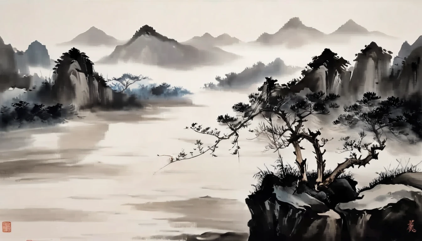 water墨画和water彩画,Drawing on rice paper,Use thick and light inks to create light and dark changes and layers,选择正确的墨water颜色,Such as deep black、thick gray、light coffee, ETC,express different situations and atmospheres,Control the gradient and transition of ink colors through the humidity and consistency of the ink,Monte,water,Tree,lake surface,desolate, desolate, ,black and white tones,dead tree, 中国传统water墨画, Chinese traditional art, author:Guo Xi, author:Ma Yuanyu, traditional Chinese painting, author:Xu Xi, author:Luo Mu, author:Yang Buzhi, author:Li Kelan, author:Zhi'an, water墨画 ) ) ) ), 中国water墨画, 中traditional Chinese painting风格