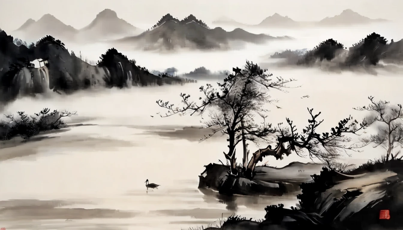 water墨画和water彩画,Drawing on rice paper,Use thick and light inks to create light and dark changes and layers,选择正确的墨water颜色,Such as deep black、thick gray、light coffee, ETC,express different situations and atmospheres,Control the gradient and transition of ink colors through the humidity and consistency of the ink,Monte,water,Tree,lake surface,desolate, desolate, ,black and white tones,dead tree, 中国传统water墨画, Chinese traditional art, author:Guo Xi, author:Ma Yuanyu, traditional Chinese painting, author:Xu Xi, author:Luo Mu, author:Yang Buzhi, author:Li Kelan, author:Zhi'an, water墨画 ) ) ) ), 中国water墨画, 中traditional Chinese painting风格