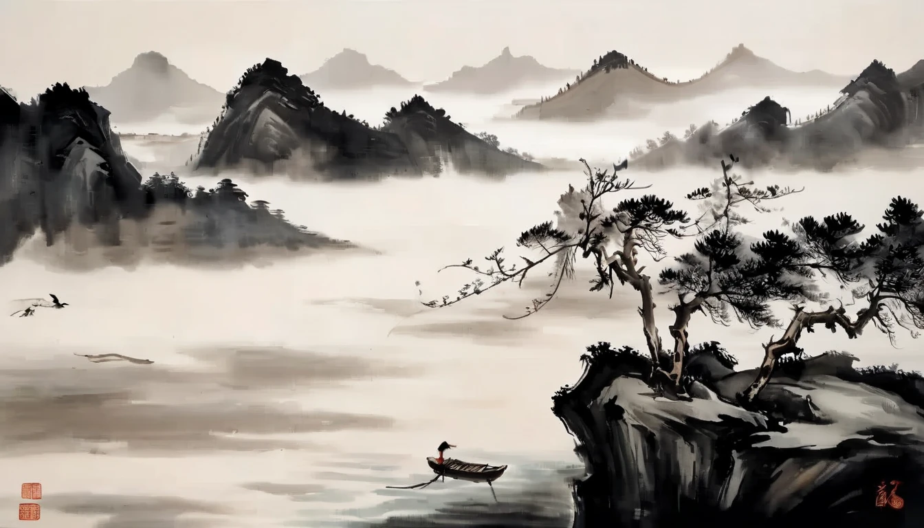 water墨画和water彩画，Drawing on rice paper，Use thick and light inks to create light and dark changes and layers，选择正确的墨water颜色，Such as deep black、thick gray、light coffee, ETC，express different situations and atmospheres，Control the gradient and transition of ink colors through the humidity and consistency of the ink，Monte，water，Tree，lake surface，desolate, desolate, ，black and white tones，dead tree， 中国传统water墨画, Chinese traditional art, author：Guo Xi, author：Ma Yuanyu, traditional Chinese painting, author：Xu Xi, author：Luo Mu, author：Yang Buzhi, author：Li Kelan, author：Zhi&#39;an, water墨画 ) ) ) ), 中国water墨画, 中traditional Chinese painting风格