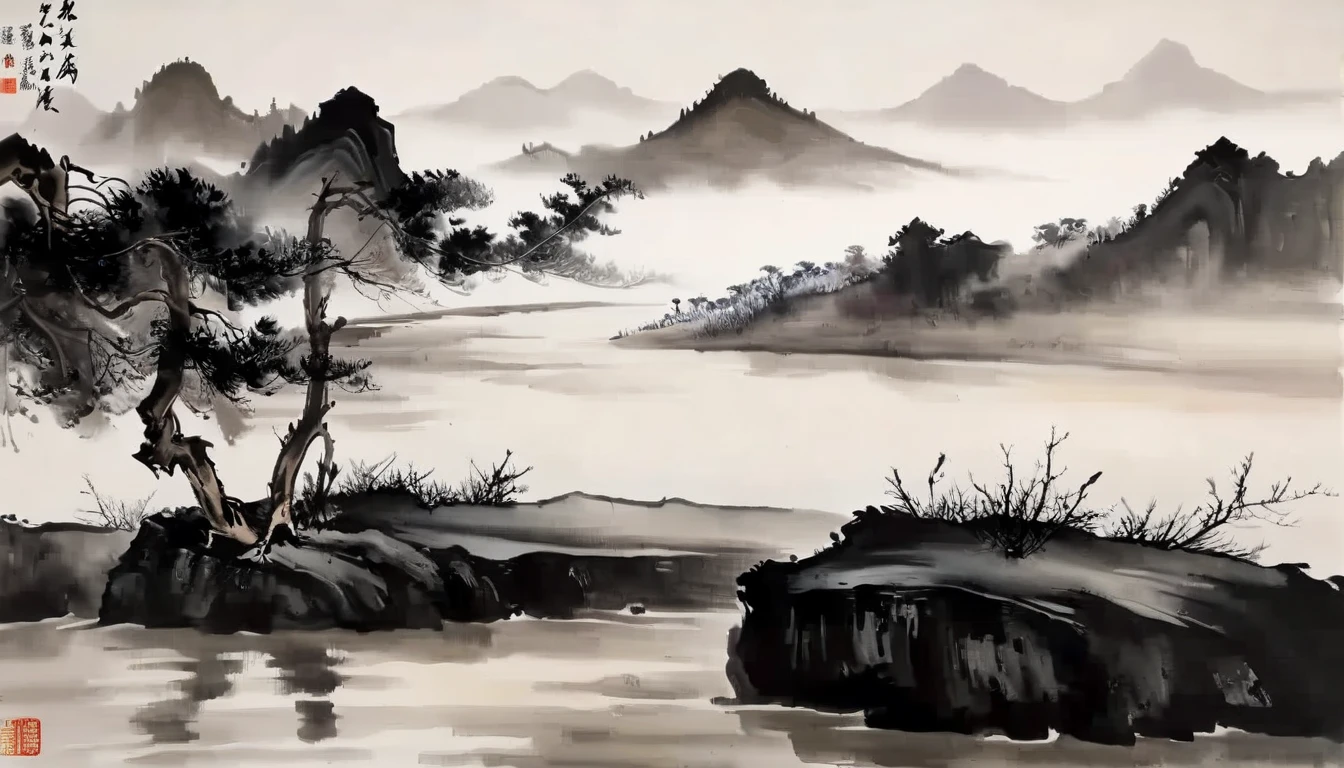 water墨画和water彩画，Drawing on rice paper，Use thick and light inks to create light and dark changes and layers，选择正确的墨water颜色，Such as deep black、thick gray、light coffee, ETC，express different situations and atmospheres，Control the gradient and transition of ink colors through the humidity and consistency of the ink，Monte，water，Tree，lake surface，desolate, desolate, ，black and white tones，dead tree， 中国传统water墨画, Chinese traditional art, author：Guo Xi, author：Ma Yuanyu, traditional Chinese painting, author：Xu Xi, author：Luo Mu, author：Yang Buzhi, author：Li Kelan, author：Zhi&#39;an, water墨画 ) ) ) ), 中国water墨画, 中traditional Chinese painting风格