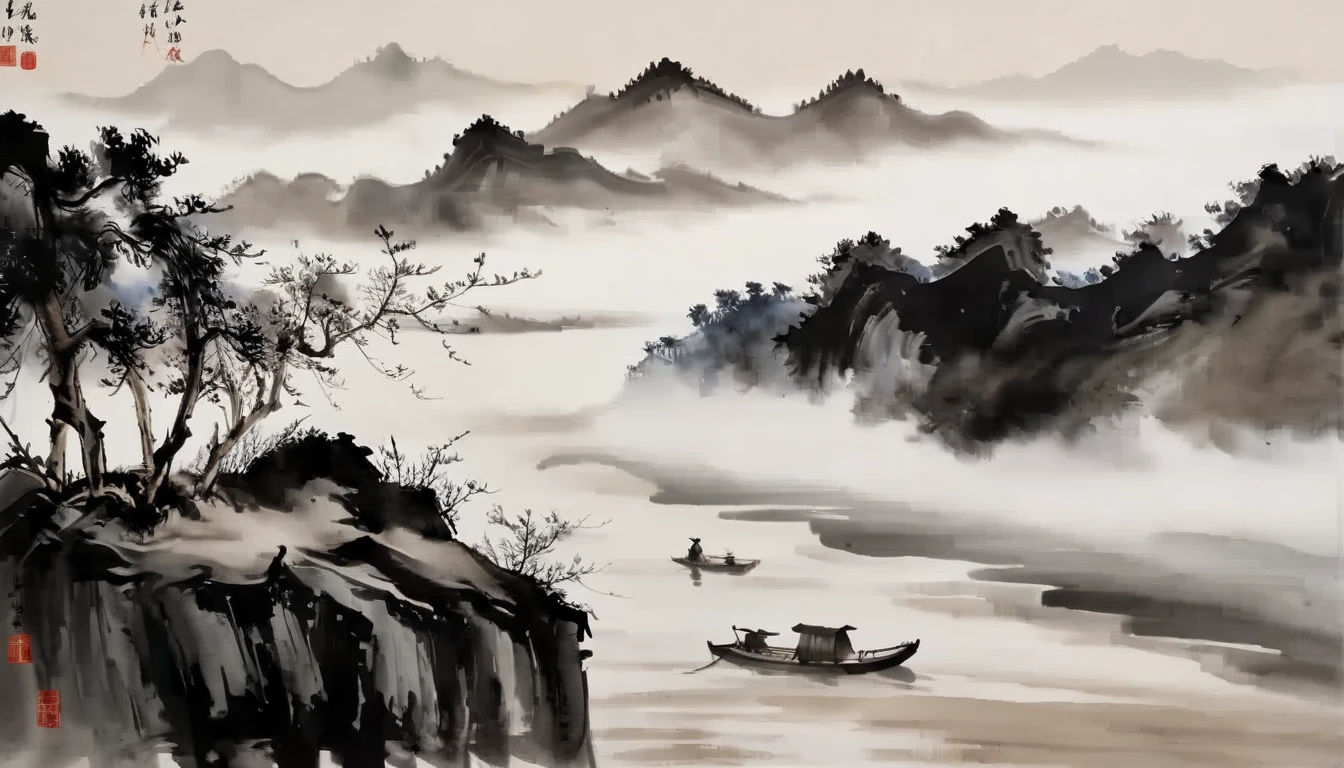water墨画和water彩画,Drawing on rice paper,Use thick and light inks to create light and dark changes and layers,选择正确的墨water颜色,Such as deep black、thick gray、light coffee, ETC,express different situations and atmospheres,Control the gradient and transition of ink colors through the humidity and consistency of the ink,Monte,water,Tree,lake surface,desolate, desolate, ,black and white tones,dead tree, 中国传统water墨画, Chinese traditional art, author:Guo Xi, author:Ma Yuanyu, traditional Chinese painting, author:Xu Xi, author:Luo Mu, author:Yang Buzhi, author:Li Kelan, author:Zhi'an, water墨画 ) ) ) ), 中国water墨画, 中traditional Chinese painting风格