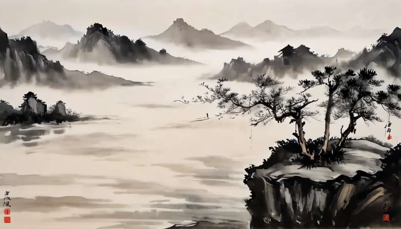 water墨画和water彩画,Drawing on rice paper,Use thick and light inks to create light and dark changes and layers,选择正确的墨water颜色,Such as deep black、thick gray、light coffee, ETC,express different situations and atmospheres,Control the gradient and transition of ink colors through the humidity and consistency of the ink,Monte,water,Tree,lake surface,desolate, desolate, ,black and white tones,dead tree, 中国传统water墨画, Chinese traditional art, author:Guo Xi, author:Ma Yuanyu, traditional Chinese painting, author:Xu Xi, author:Luo Mu, author:Yang Buzhi, author:Li Kelan, author:Zhi'an, water墨画 ) ) ) ), 中国water墨画, 中traditional Chinese painting风格