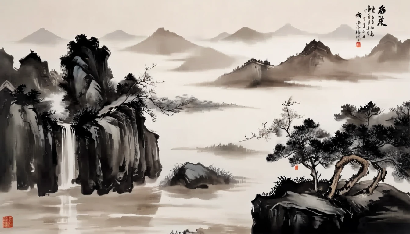 water墨画和water彩画，Drawing on rice paper，Use thick and light inks to create light and dark changes and layers，选择正确的墨water颜色，Such as deep black、thick gray、light coffee, ETC，express different situations and atmospheres，Control the gradient and transition of ink colors through the humidity and consistency of the ink，Monte，water，Tree，lake surface，desolate, desolate, ，black and white tones，dead tree， 中国传统water墨画, Chinese traditional art, author：Guo Xi, author：Ma Yuanyu, traditional Chinese painting, author：Xu Xi, author：Luo Mu, author：Yang Buzhi, author：Li Kelan, author：Zhi&#39;an, water墨画 ) ) ) ), 中国water墨画, 中traditional Chinese painting风格