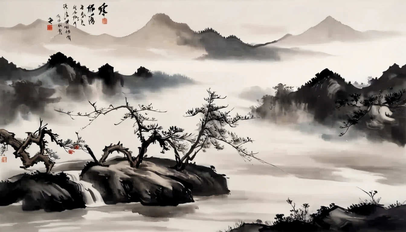 water墨画和water彩画,Drawing on rice paper,Use thick and light inks to create light and dark changes and layers,选择正确的墨water颜色,Such as deep black、thick gray、light coffee, ETC,express different situations and atmospheres,Control the gradient and transition of ink colors through the humidity and consistency of the ink,Monte,water,Tree,lake surface,desolate, desolate, ,black and white tones,dead tree, 中国传统water墨画, Chinese traditional art, author:Guo Xi, author:Ma Yuanyu, traditional Chinese painting, author:Xu Xi, author:Luo Mu, author:Yang Buzhi, author:Li Kelan, author:Zhi'an, water墨画 ) ) ) ), 中国water墨画, 中traditional Chinese painting风格
