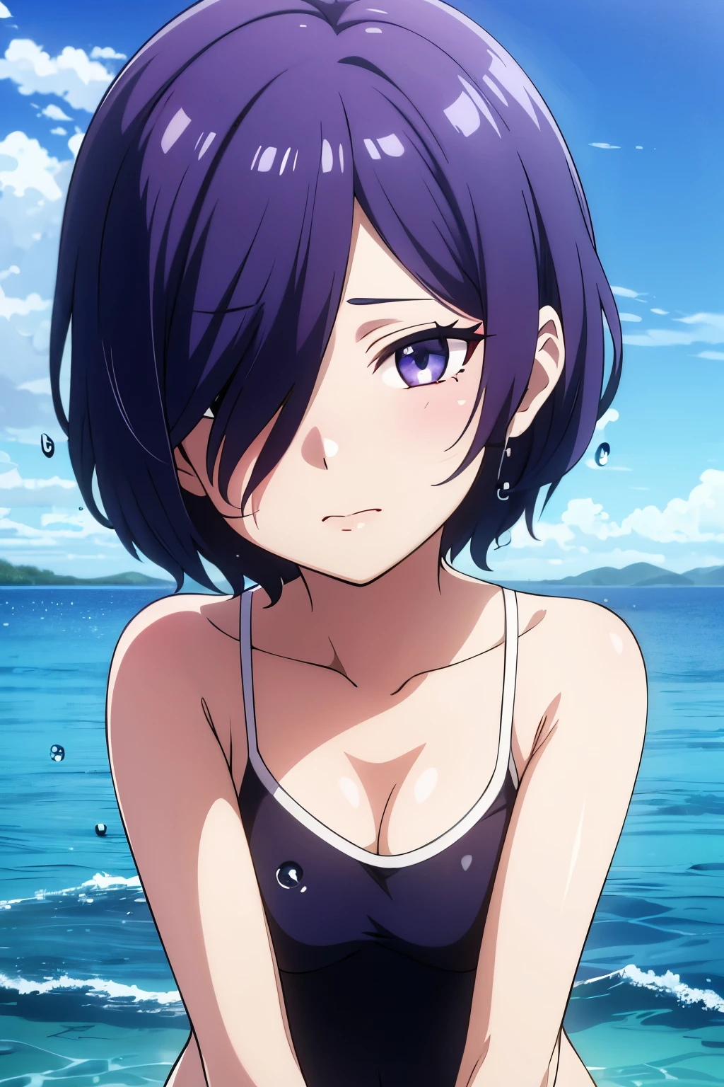 Girl, short blue-purple hair covering half of her left face and left eye, beautiful face, calm and cool features, blue-purple eyes, detailed and nice body, swimsuit, Touka Kirishima, Tokyo Ghoul Style, designed by Touka Kirishima , Short hair covering her left eye, Touka Kirishima Style , Sea background, water drops 