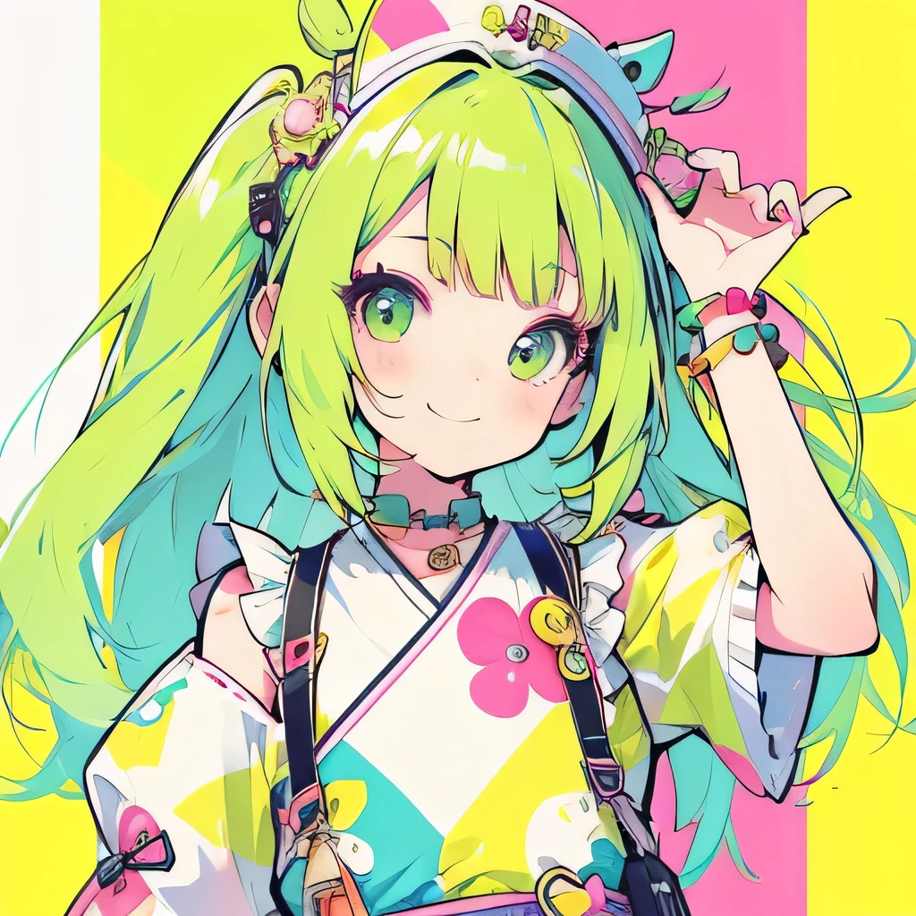 Girly girl, happy, colorful, flat, harajuku, posing, green hair, innocent, smiling, beautiful, face focus, face close-up 