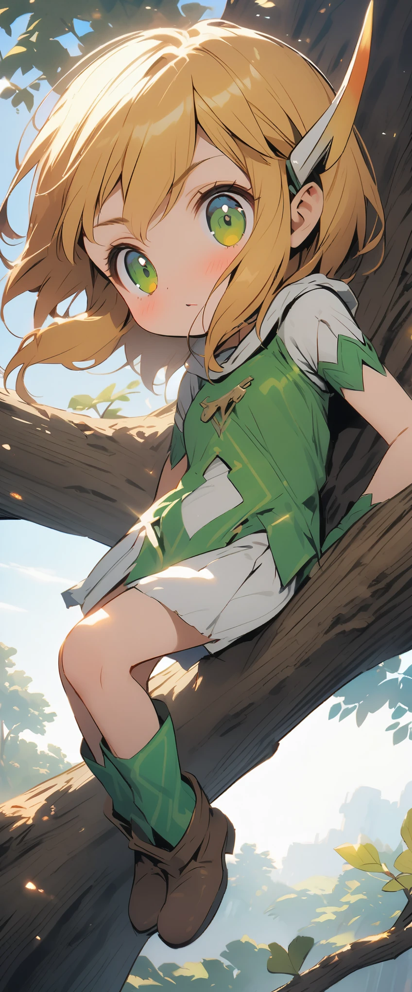 ((obra maestra)), ((Mejor calidad)), ((high resolution)), ((Fondo de pantalla CG unificado 8k extremadamente detallado)), ((on the branch of a tree in the deep forest:1.3)), ((Elven woman cartoon character, orejas de elfo puntiagudas, pelo rubio ondulado, ojos verdes, Piel desnuda:1.2)), tiro de vaquero, Skin is moist and shiny, Vistiendo un minivestido fluido y una armadura de cuero con adornos dorados., botas largas de cuero, ((inclina la cabeza, vista desde el frente:1.2)), ((agacharse con las piernas separadas)),