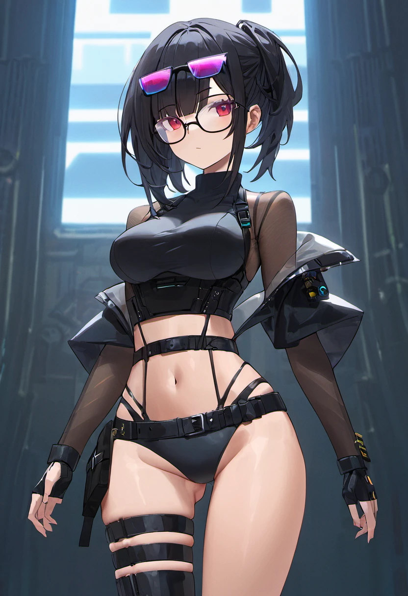(masterpiece, highest quality), 1 girl, black hair, Glasses, cyber punk, alone, Waist height, sexy look