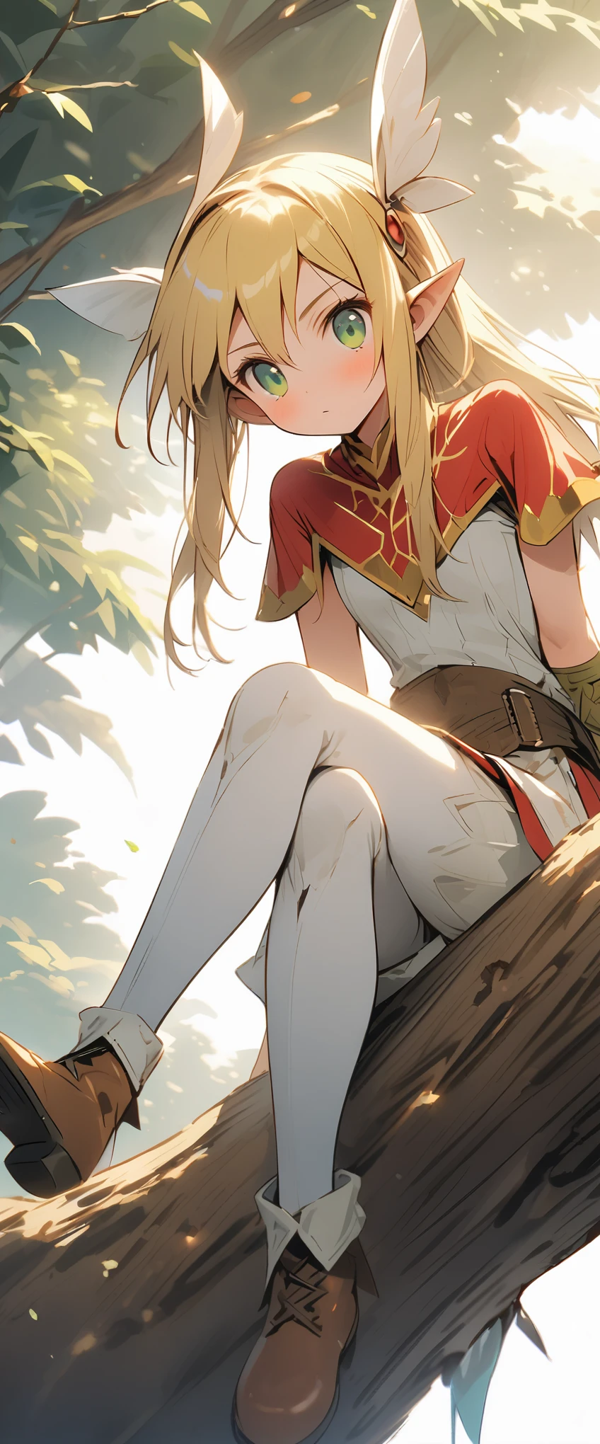 ((obra maestra)), ((Mejor calidad)), ((high resolution)), ((Fondo de pantalla CG unificado 8k extremadamente detallado)), ((on the branch of a tree in the deep forest:1.3)), ((Elven woman cartoon character, orejas de elfo puntiagudas, pelo rubio ondulado, ojos verdes, Piel desnuda:1.2)), tiro de vaquero, Skin is moist and shiny, Vistiendo un minivestido fluido y una armadura de cuero con adornos dorados., botas largas de cuero, ((inclina la cabeza, vista desde el frente:1.2)), ((agacharse con las piernas separadas)),
