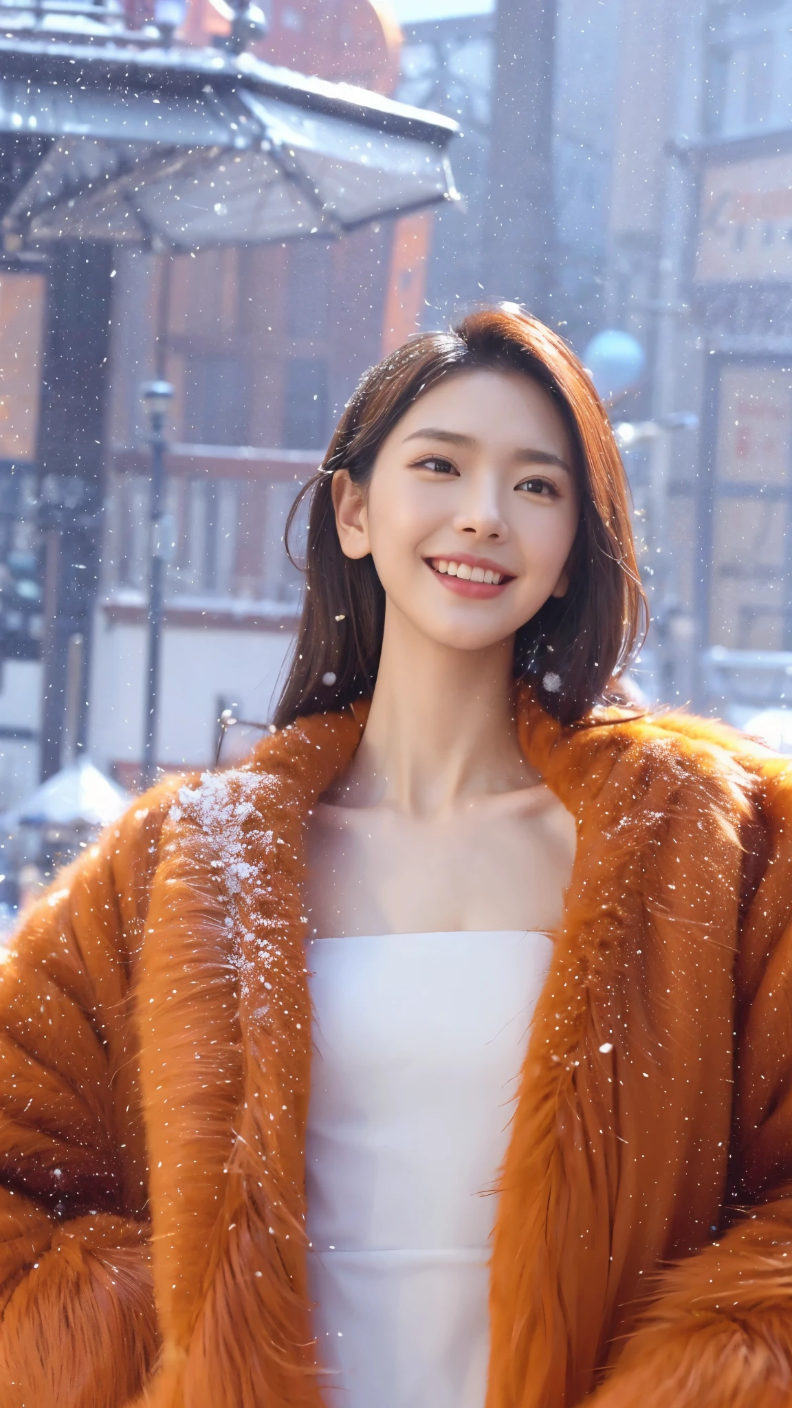 ((((8 thousand))),((Really meticulous CG)) ,(wallpaper),16,000,((Incredibly stylish and beautiful))，(((masterpiece))),(((best quality))),(((초high resolution))),A beautiful light came on，perfect lightning，Realistic Shading，[high resolution],(Smooth, flawless, fair skin:1.5), Very exquisite facial details, Ultra-detailed,Beautiful girl,alone,small head, small face,exquisite makeup,(:1.1),flat box,slim,thin,happy,(laugh:1.2), (orange fur coat:1.3), clavicle, split,(slim 다리:1.2), (Daytime Scene:1.5),at the amusement park,outdoor,blur,(detailed background:1.5),snow landscape,snowfall,upper body, big bust, sagging breasts,