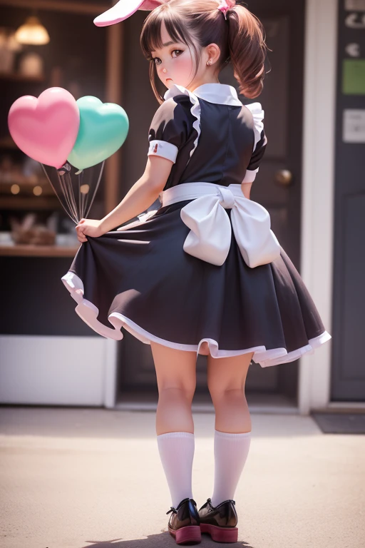 a girls, ((she is selling bunny shaped balloons)) , real photo, (((full body))), (looking back at me), pony tail, (apron dress),