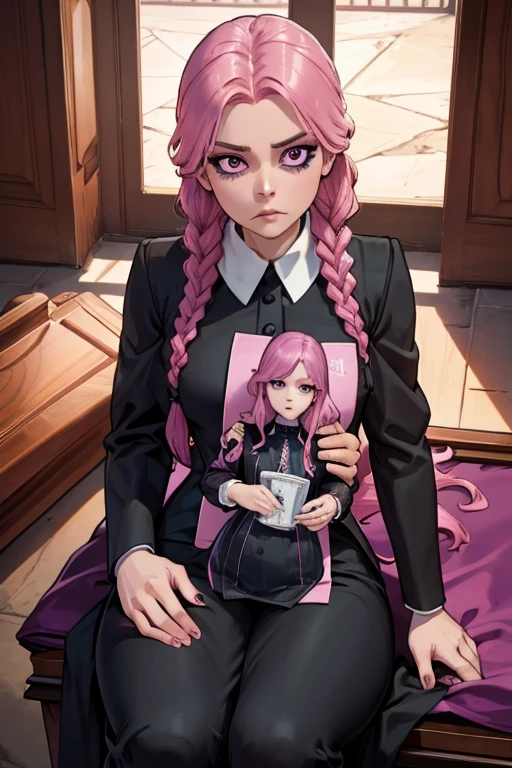 A pink haired woman with violet eyes with an hourglass figure in a Wednesday Addams outfit is sitting on a coffin in a funeral home