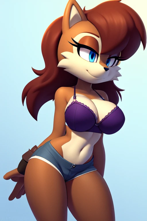 Masterpiece, high quality, studio quality, intricate details, 4k, 1girl, Sally Acorn, brown hair, purple bra, eyes open, blue eyes, big breasts, midriff