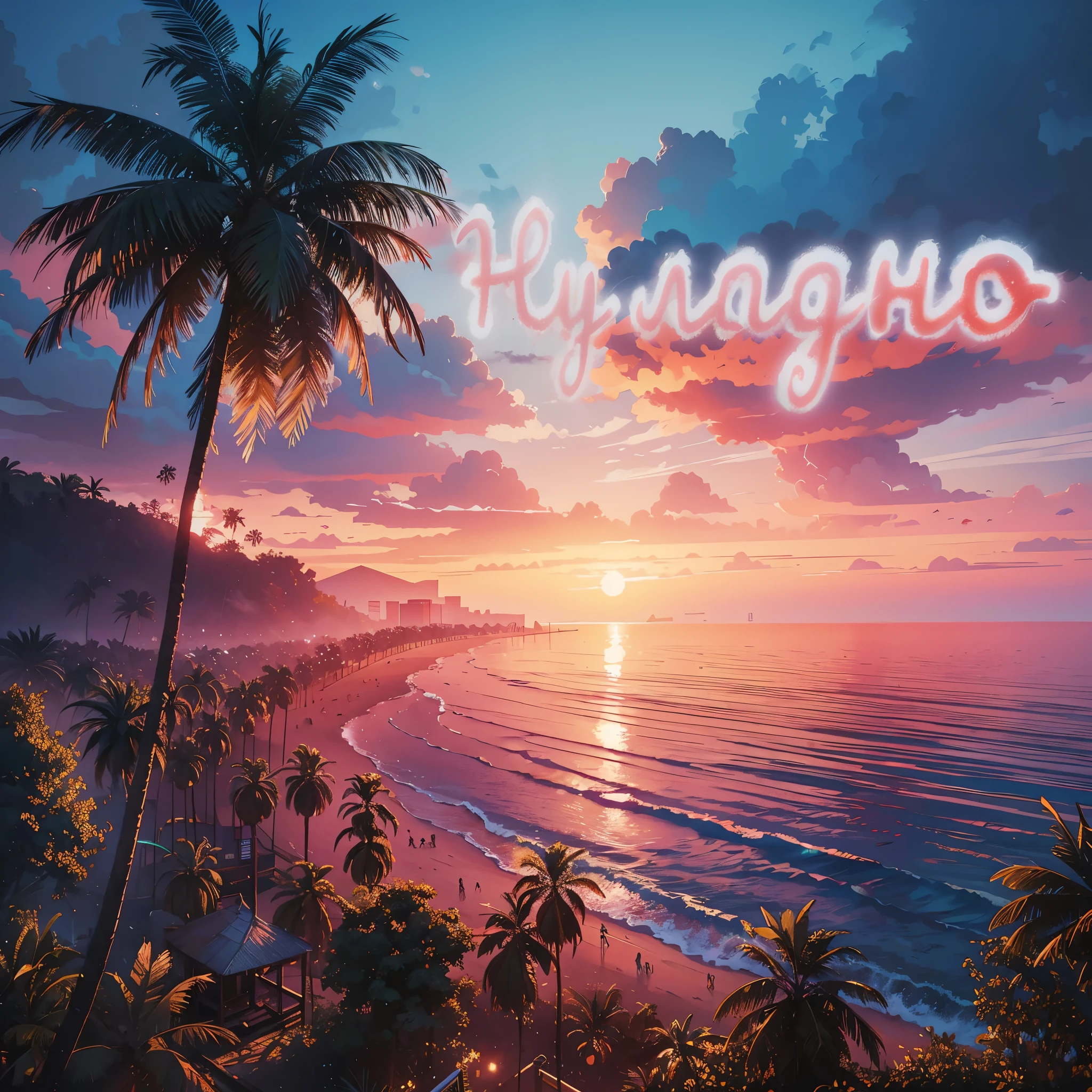 вид на пляж с пальмами и sunsetом, realism | sound signal, Tropical atmosphere, tropical paradise, recusion sound signal, sound signal |, artem demura sound signal, sunset, красивый sunset, sound signal daily art, beautiful digital images, sound signal and mike winkelmann, sound signal colors