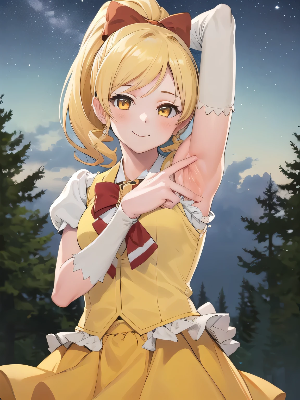 masterpiece, best quality, absurdres, perfect anatomy, 1girl, solo, cureHoney, blonde hair, ponytail, bow, brooch, yellow skirt, vest, puffy sleeves, wrist cuffs, solo, night sky, forest, arms behind head, contrapposto, spread armpits, closed mouth, smile, upper body,