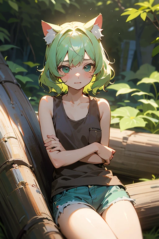 ((best quality)), ((Masterpiece)), (details), perfect face , Cute anime girl with cat ears , Short, wavy, light green hair, Dressed in a brown tank top and shorts, she had a pocket knife on her thigh. , sitting and resting on a log