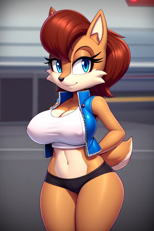 Masterpiece, high quality, studio quality, intricate details, 4k, 1girl, Sally Acorn, brown hair, blue vest, eyes open, blue eyes, big breasts, midriff